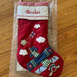POTTERY BARN KIDS red airplane NICOLAS embroider stocking, LN